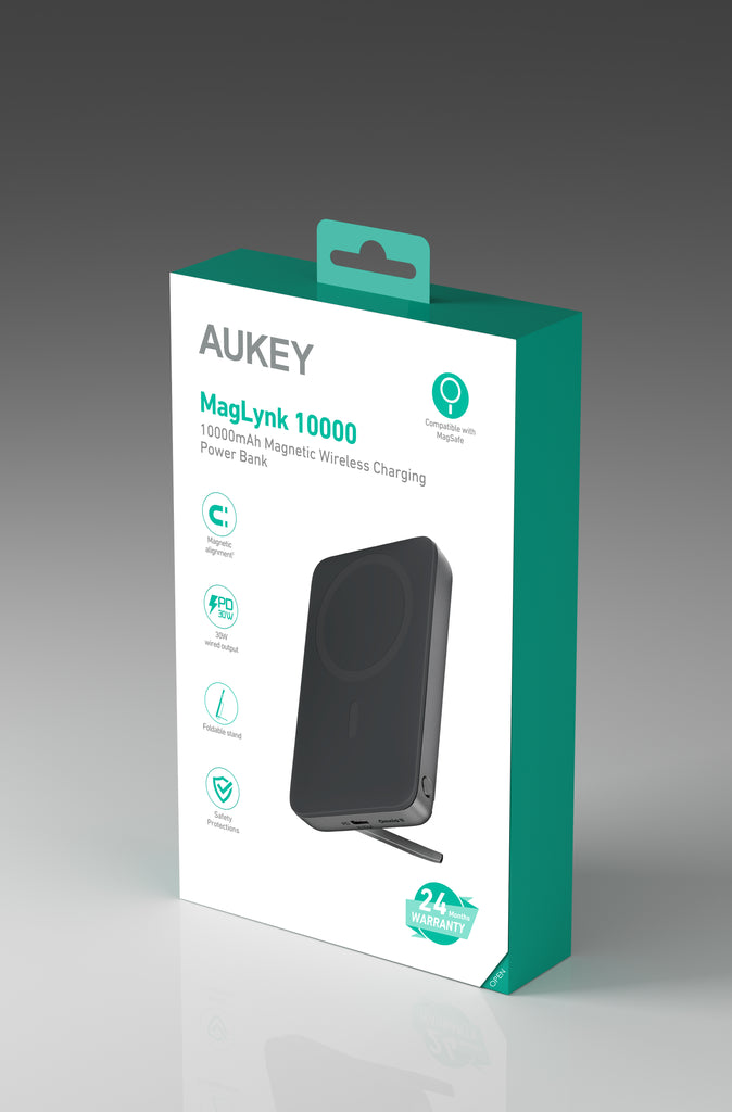 Aukey MagLink 38.5wh 10,000mah Magnetic Wireless Charging Power Bank with Metal Foldable  Stand (PB-MS02)