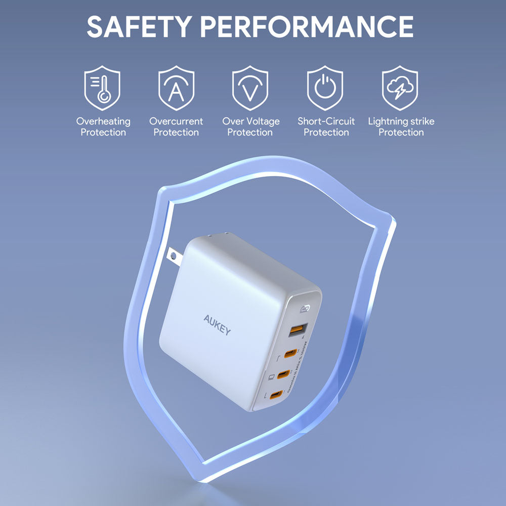 Aukey Omnia II Mis S Wall 100W GaN Charger With  4-Ports 1X Usb-A & 3X Usb-C Ports, US-Pin (PA-B7S)
