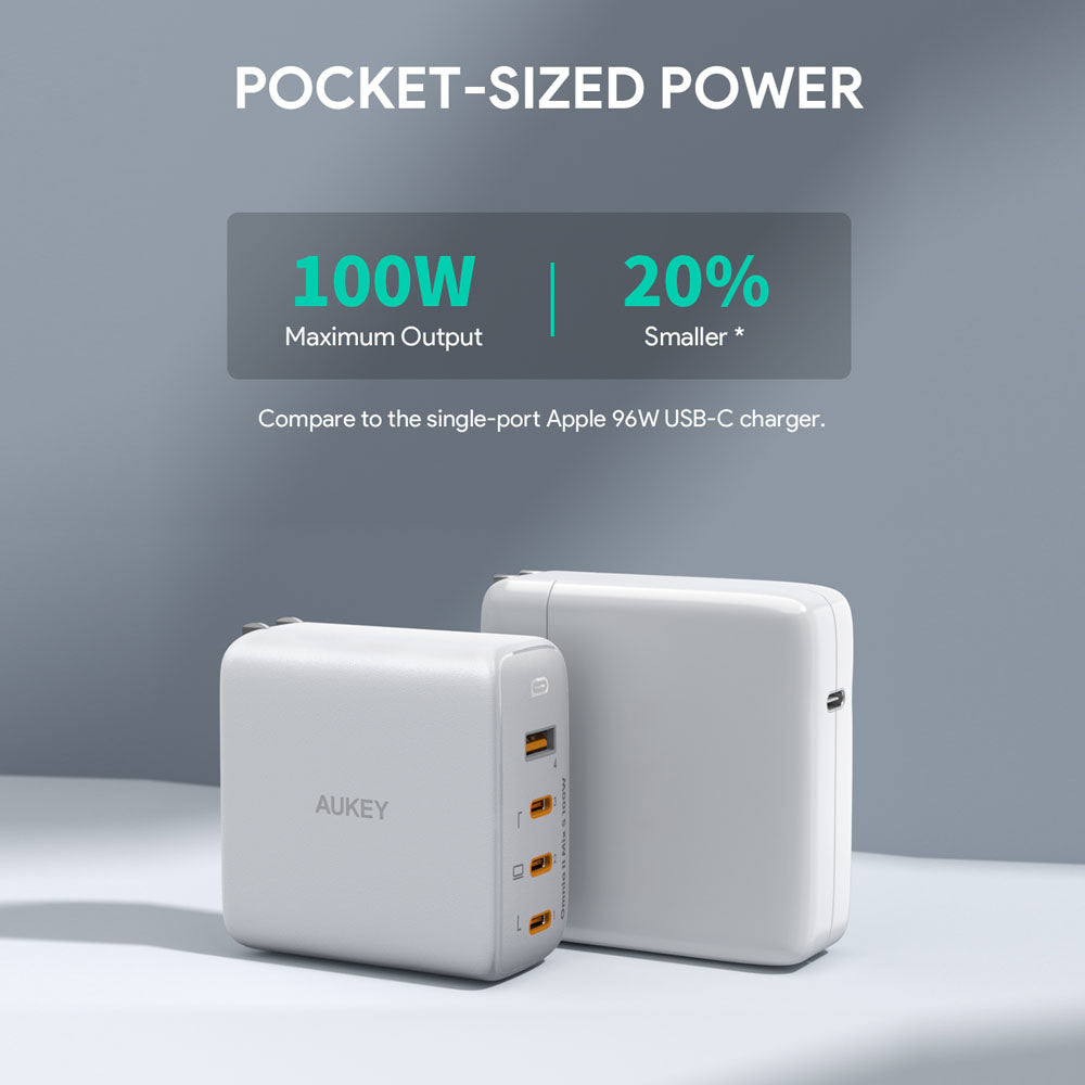 Aukey Omnia II Mis S Wall 100W GaN Charger With  4-Ports 1X Usb-A & 3X Usb-C Ports, US-Pin (PA-B7S)