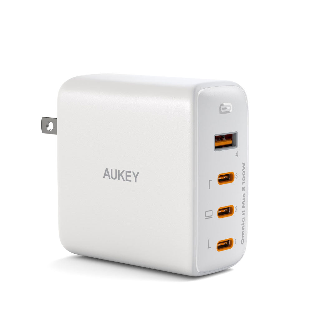 Aukey Omnia II Mis S Wall 100W GaN Charger With  4-Ports 1X Usb-A & 3X Usb-C Ports, US-Pin (PA-B7S)