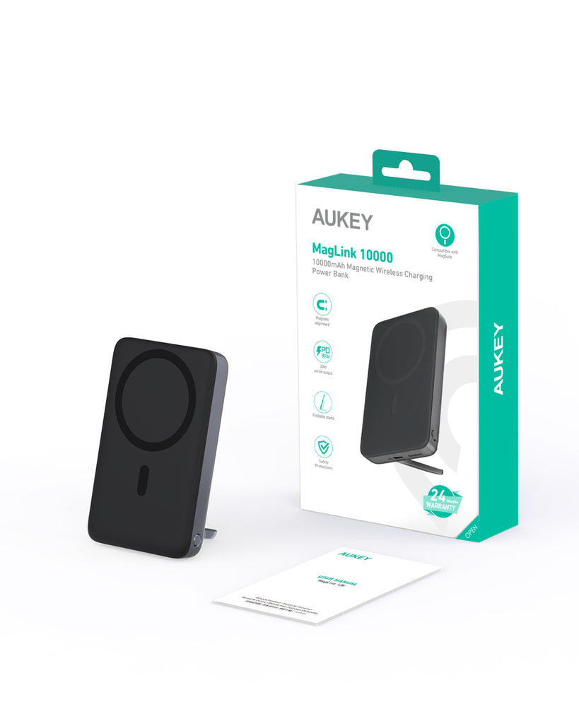 Aukey MagLink 38.5wh 10,000mah Magnetic Wireless Charging Power Bank with Metal Foldable  Stand (PB-MS02)