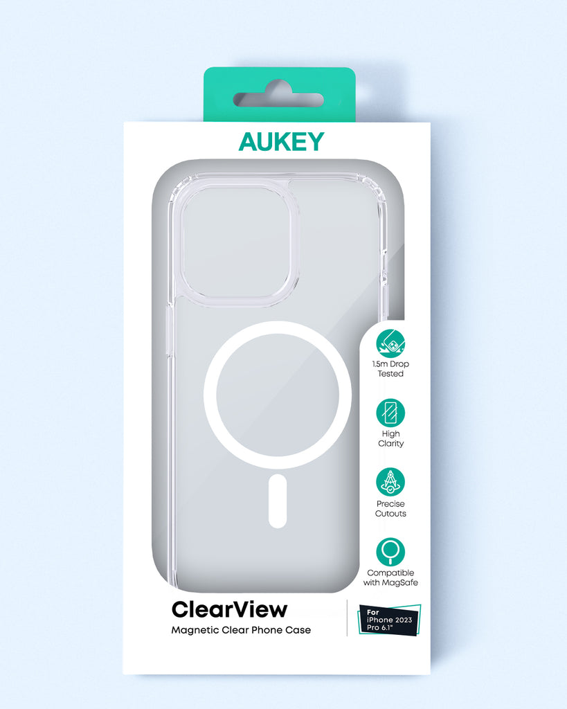 Aukey iPhone 15 Pro Max 6.7-inch Clear View Transparent Magnetic Clear Phone Case Compatible with MagSafe (PC-TM10D)